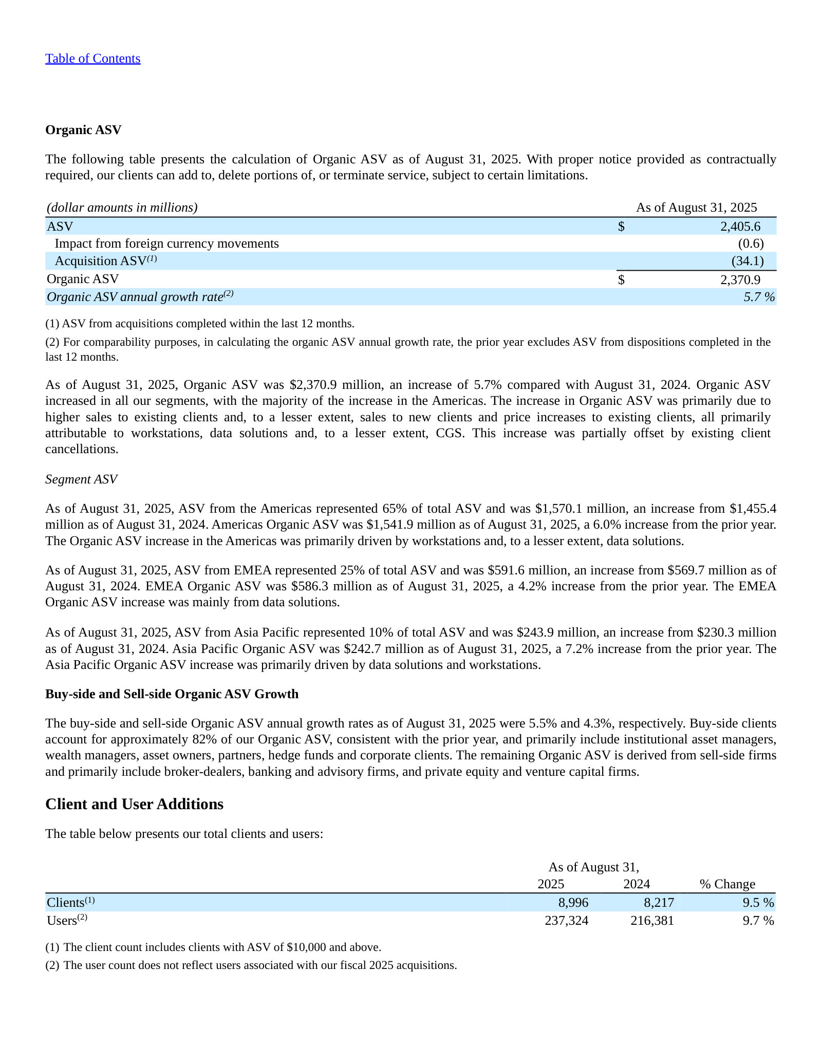 Organic ASV bridge: $2,405.6M ASV reconciled to $2,370.9M Organic ASV, +5.7% growth.